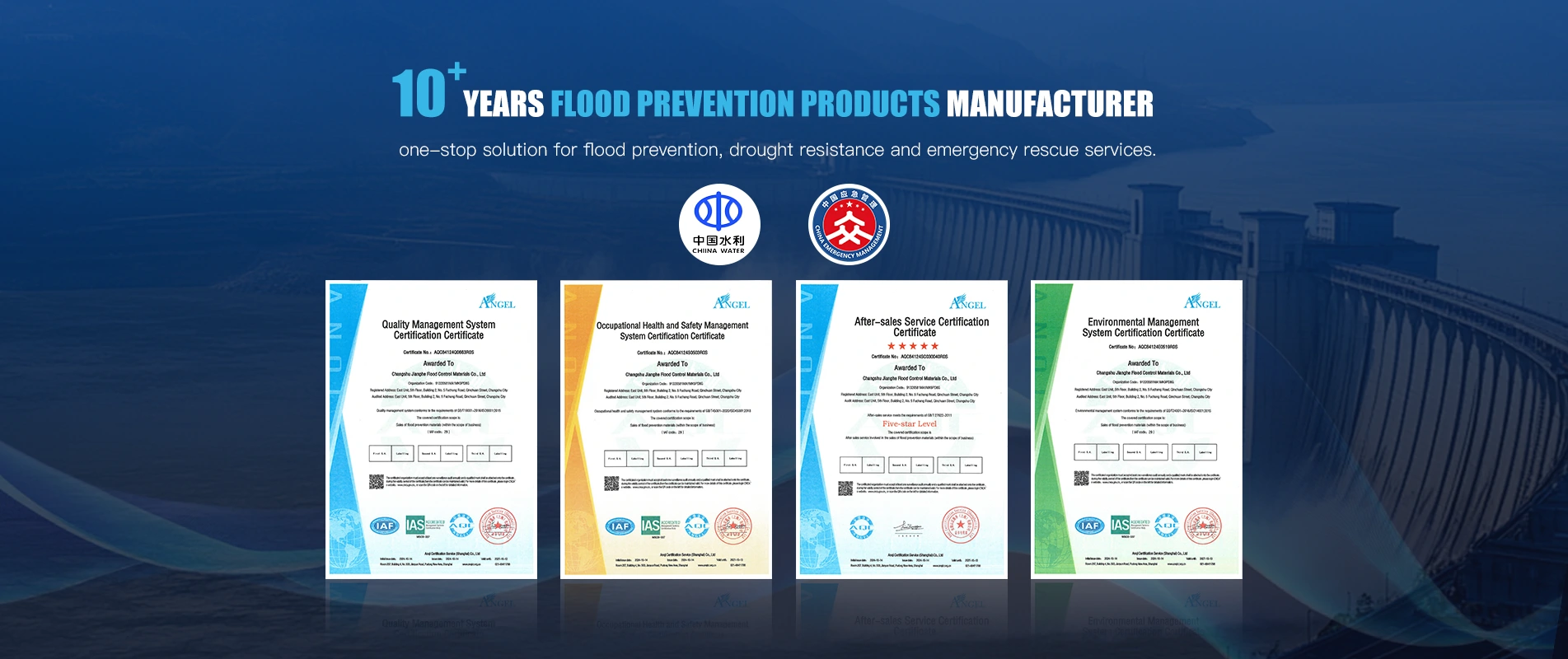 Mga produkto sa paglikay sa baha sa Jianghe ISO 9001 ug ISO 14001 nga kalidad nga mga sertipiko ug sertipikasyon